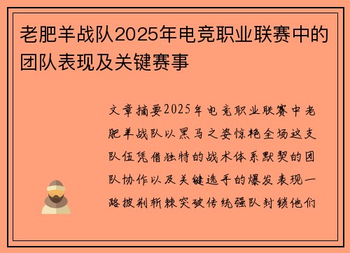 老肥羊战队2025年电竞职业联赛中的团队表现及关键赛事