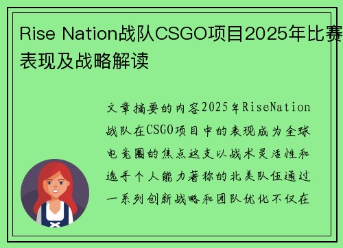 Rise Nation战队CSGO项目2025年比赛表现及战略解读