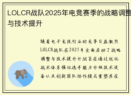 LOLCR战队2025年电竞赛季的战略调整与技术提升