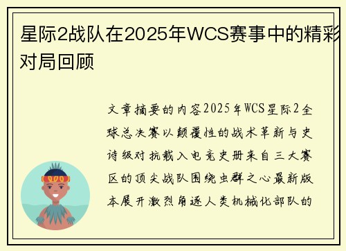 星际2战队在2025年WCS赛事中的精彩对局回顾